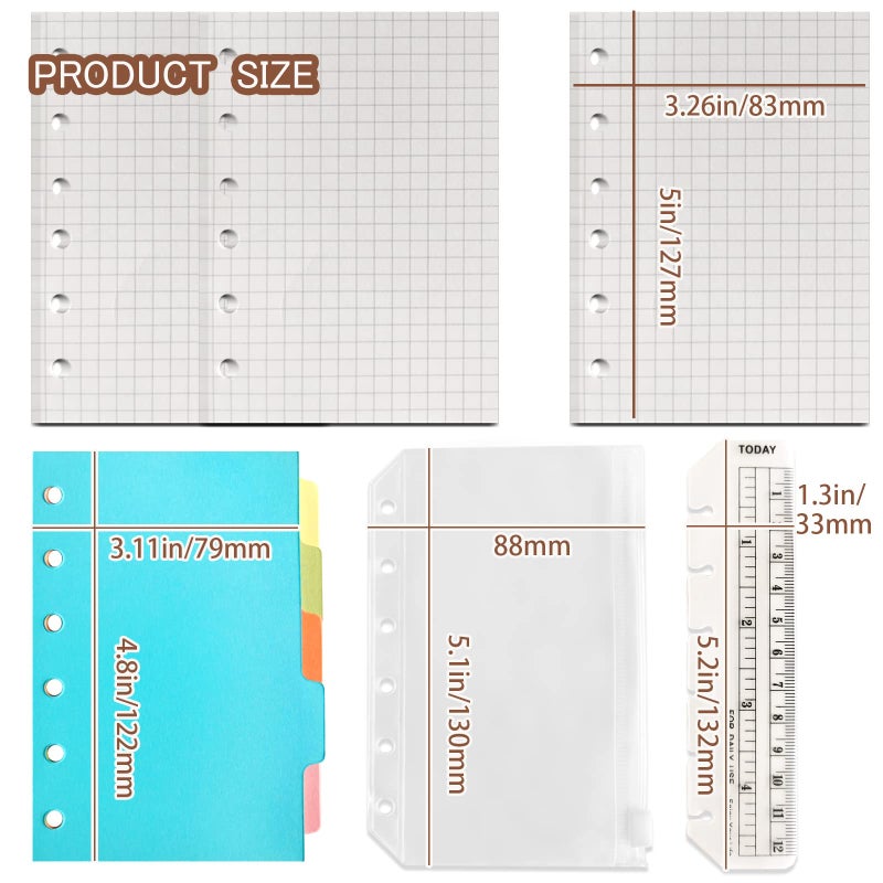 DY.2ten A7 6-Hole Binder Notebook Refills Set - 135 Sheets (270 Pages) Graph Paper + 2pcs A7 Zipper Binder Pockets + 5 Pcs A7 Dividers + Ruler,for Filofax A7 Refills Inserts Paper - Image 2